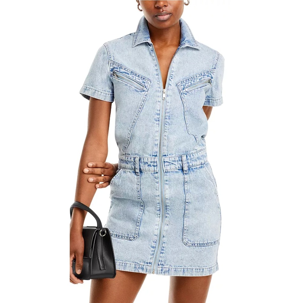 Pistola Meridien Acid Wash Denim Utility Mini Dress Womens XL Blue Zip Front NEW